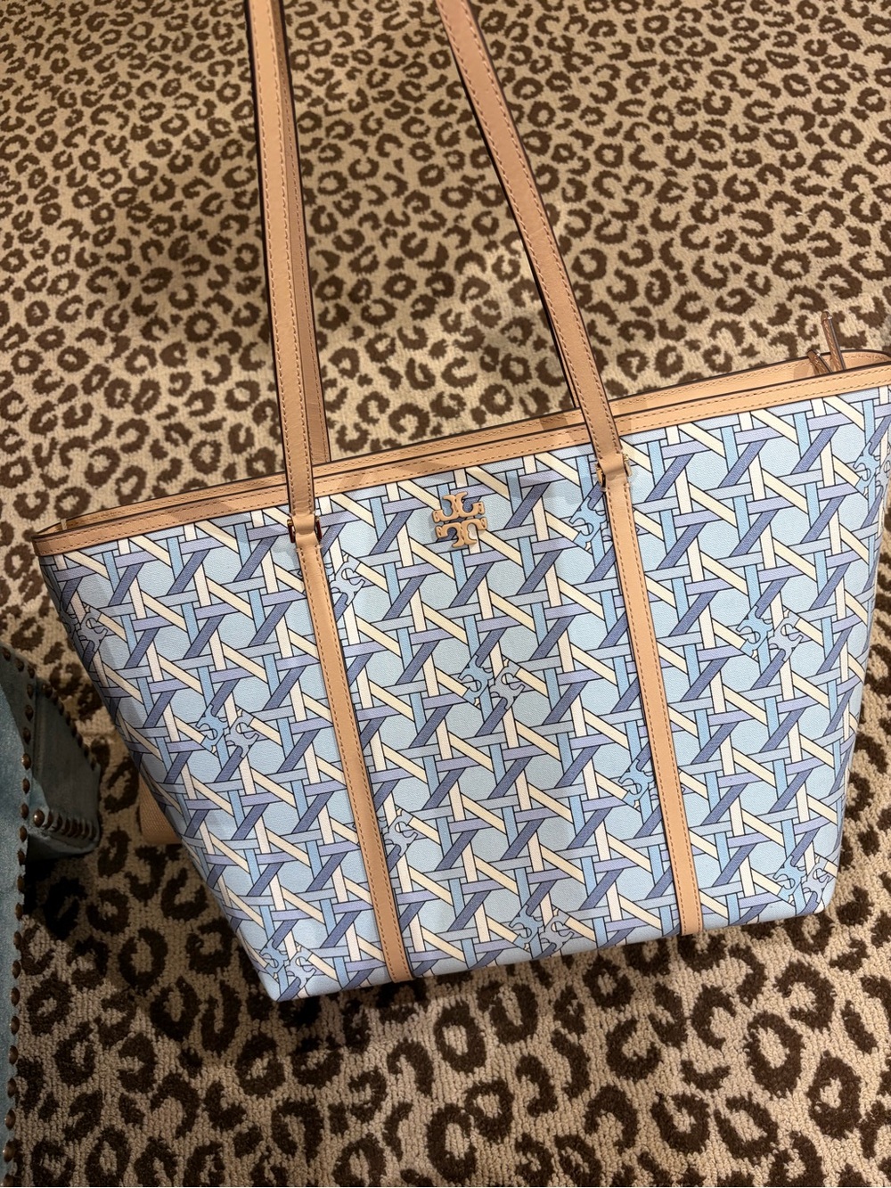 Tory Burch Pastel Blue  Logo-Print Leather Tote with Tan Trim zipper large